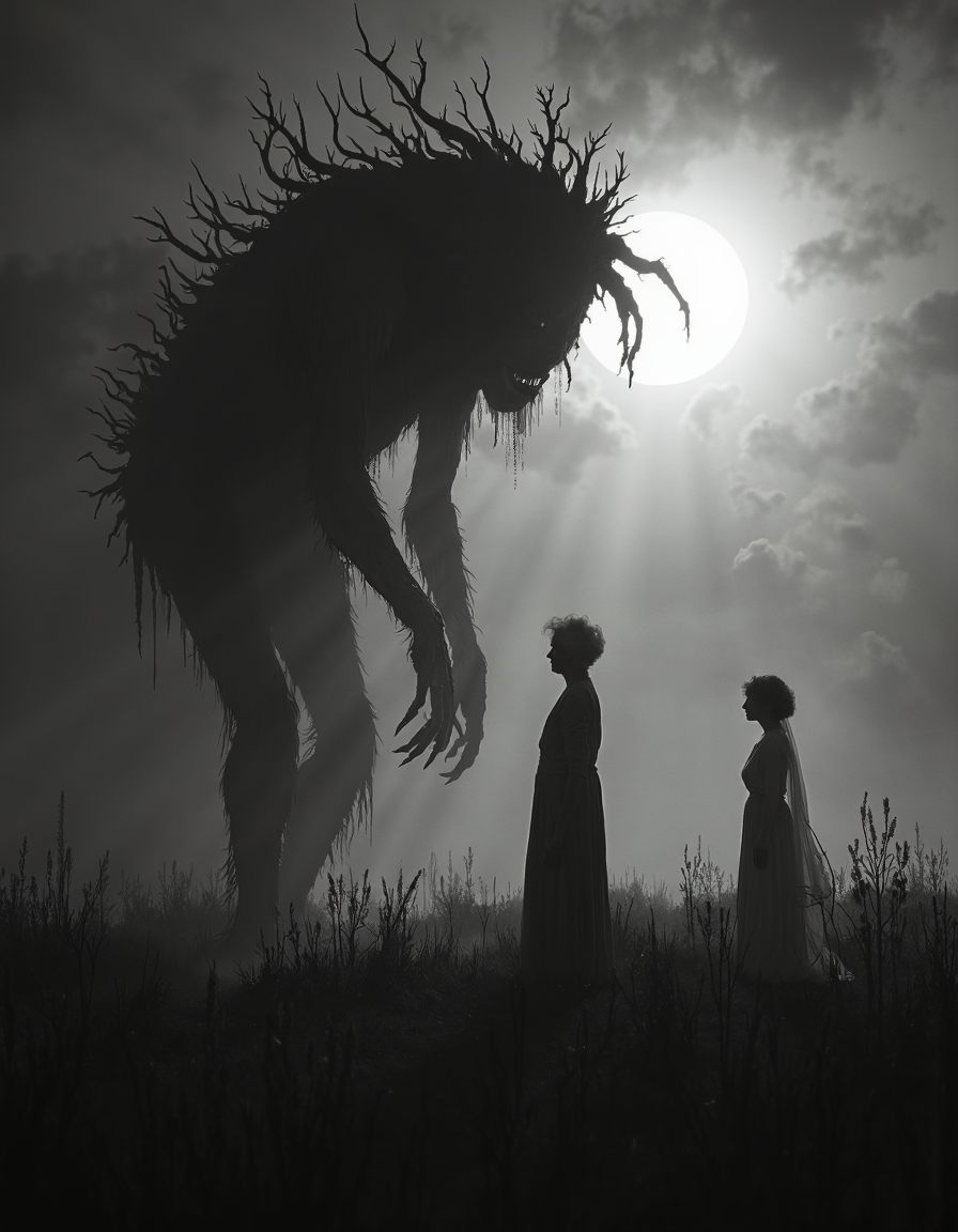 monochrome, in a grassy field at night, monster and a woman dance in the foggy moonlight, d34thd3m0n