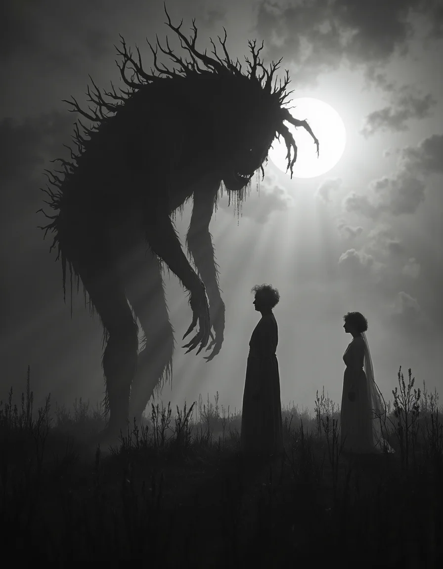 monochrome, in a grassy field at night, monster and a woman dance in the foggy moonlight, d34thd3m0n