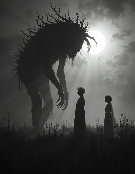 monochrome, in a grassy field at night, monster and a woman dance in the foggy moonlight, d34thd3m0n
