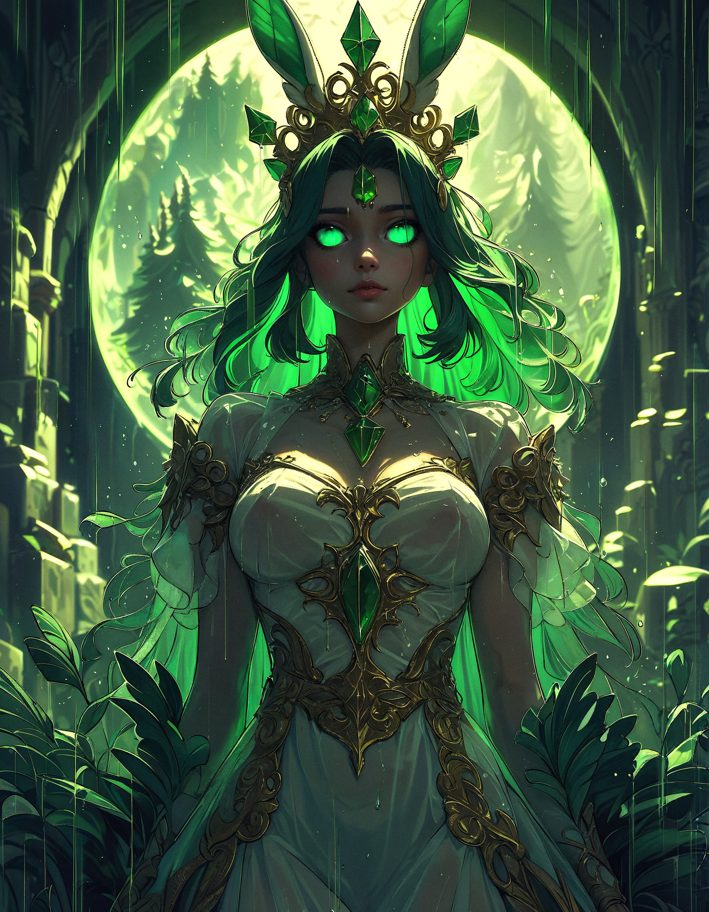 score_9, score_8_up, score_7_up, score_6_up, score_5_up, score_4_up,  highly detailed, jellyfish, rabbit, bokeh, headdress, pine tree, see-through, stone, green theme, crown, animal ears, rain, feathers, armored dress, :3, bug, green gemstone, forehead jewel, fantasy,, no pupils, stone, pokemon (creature), depth of field, breasts, moon, shadow, no humans
