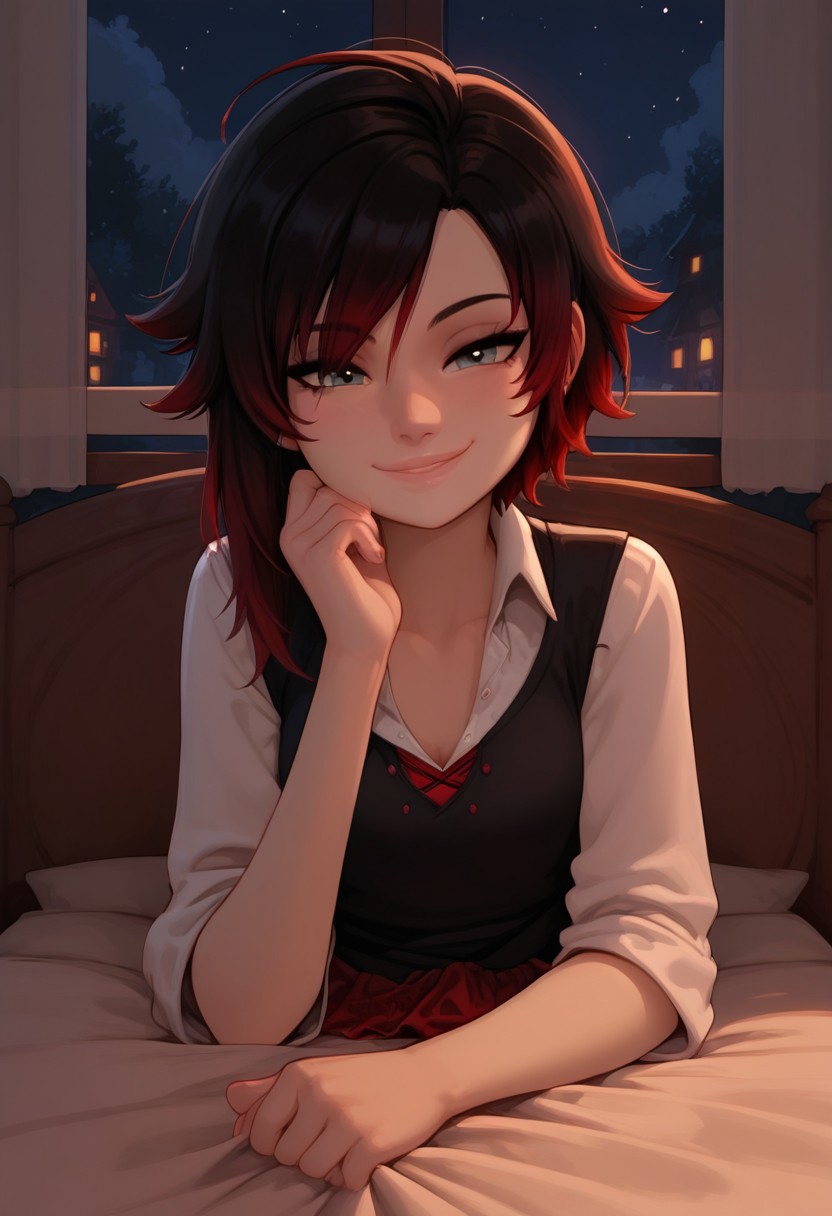 masterpiece,best quality, highly detailed, score_9, score_8_up, score_7_up, score_6_up,source_anime, 
BREAK,  1girl, Ruby Rose, RWBY, school uniform, bed hair, red hair, loose hair, casual, cozy, cute, no makeup, night, relaxed, bedroom, sat in bed, night, ((sleepy smile)),