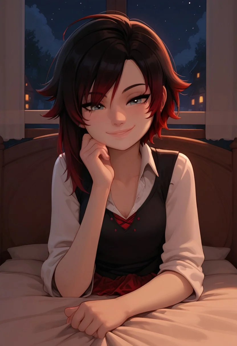 masterpiece,best quality, highly detailed, score_9, score_8_up, score_7_up, score_6_up,source_anime,
BREAK, 1girl, Ruby Rose, RWBY, school uniform, bed hair, red hair, loose hair, casual, cozy, cute, no makeup, night, relaxed, bedroom, sat in bed, night, ((sleepy smile)),