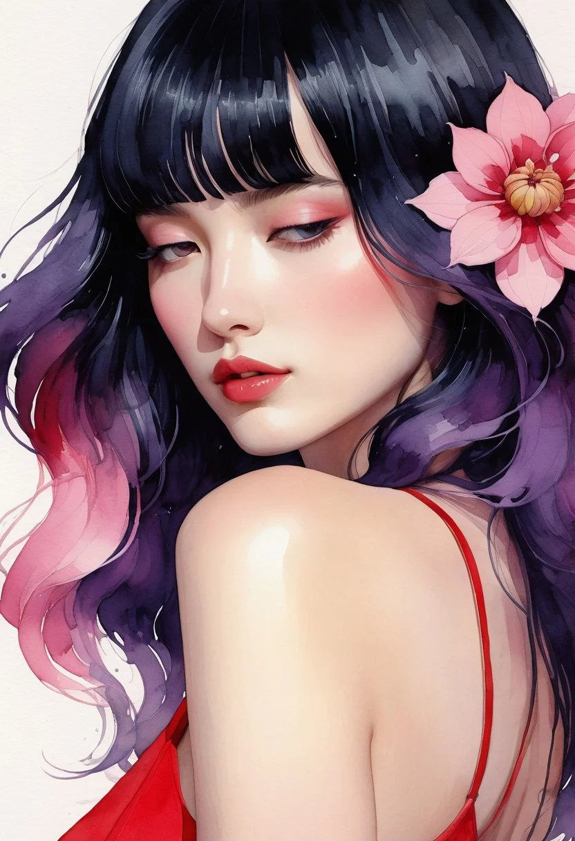A delicate and emotionally expressive illustration unfolds, featuring minimal yet evocative linework that centers around ethereal the female figure of Dhalia, who has long hair, black hair, pink highlights, bangs over her eyes, The compositions are often sparse and graceful, with soft watercolor washes or splashes of vivid color—reds, pinks and purples—adding bold contrast to the otherwise restrained palette. Figures are sensual and introspective, blending innocence with allure, often surrounded by abstract shapes, floral motifs, or dreamlike textures. Conrad Roset’s style fuses fashion illustration with fine art sensitivity, celebrating femininity, intimacy, and emotional nuance through poetic, minimalist beauty. wearing a red dress