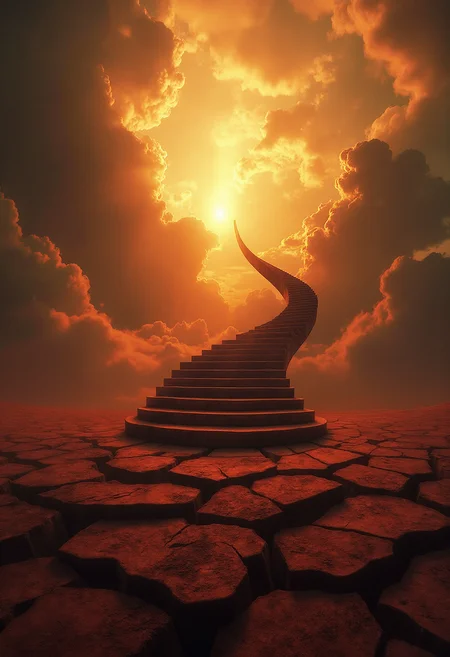 a captivating low-angle image that showcases a masterpiece of art. The scene is set against a backdrop of a breathtaking cloudscape. Below the sky, the cracked ground appears like a hellscape with warm light coming from beneath the cracks. An endlessly tall gothic spiral staircase reaching all the way up towards the heavens is seen in the center. These stairs cast long shadows on the ground, adding depth and contrast to the image. The sky is filled with golden god rays reminiscent of a celestial paradise out of reach, creating an eerie atmosphere. The overall color palette is dominated by the warm red and orange hues at the bottom and the cool yellows at the top.