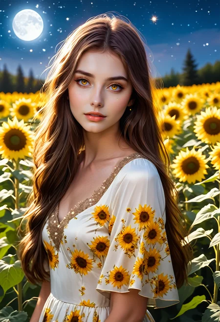 score_9, score_8_up, score_7_up, score_6_up, score_5_up, score_4_up, 1girl, brown hair, long straight hair, brown eyes, moonlight, dress made of yellow sunflowers, surrounded by stardust, magical atmosphere, <lora:g4n1m3XLP:1> g4n1m3, She is in a magical garden with yellow sunflowers, her dress is blowing magically in the wind, <lora:SnowFoxeij-000006:0.5>