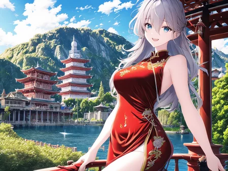 1girl, architecture, bare_arms, bare_shoulders, blue_sky, breasts, bridge, building, bush, castle, china_dress, chinese_clothes, cityscape, cliff, cloud, cloudy_sky, covered_navel, cowboy_shot, day, dress, east_asian_architecture, garden, gate, hair_between_eyes, house, lake, long_hair, looking_at_viewer, medium_breasts, mountain, mountainous_horizon, open_mouth, outdoors, pagoda, path, pond, railing, red_dress, river, scenery, shrine, silver_hair, sky, skyline, sleeveless, sleeveless_dress, smile, solo, stairs, standing, town, tree, water, <lora:NovelAILora:1>