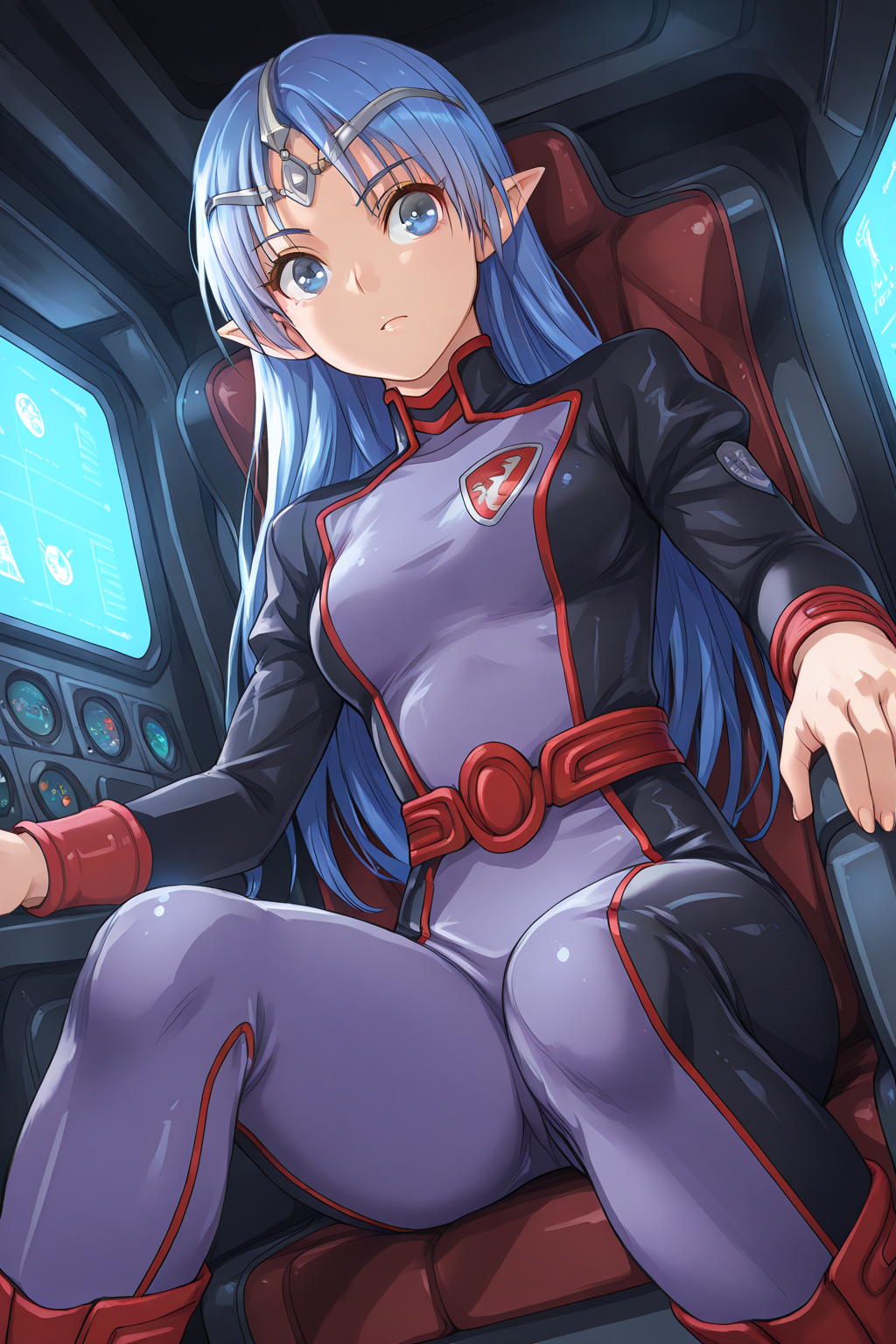 1girl, ALHairstyle, ALOutfit,
general, solo, perspective, dynamic angle, half body,
blue hair, blue eyes, eyelashes, pointy ears,
shiny skin,
circlet, high collar, bodysuit, glove, emblem, red belt, boots,
sitting, cockpit,
spacecraft, indoors,
depth of field,
<lora:kp_LafielSeikaiIllustrious_v1_0:1.0>
masterpiece, best quality, amazing quality