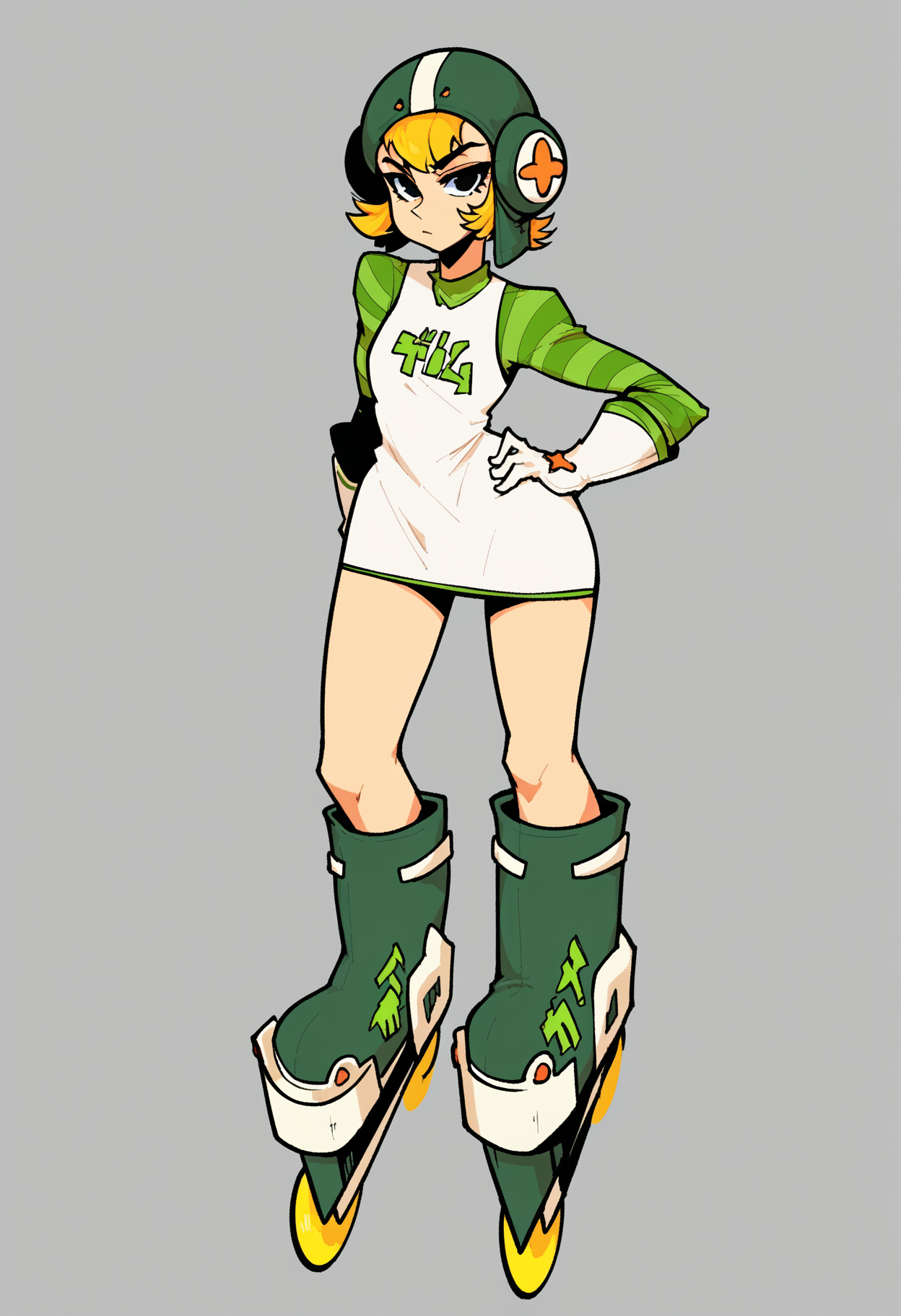 score_9, score_8_up, score_7_up, score_6_up, score_5_up, score_4_up, BREAK
1girl, solo, gum_jsr, helmet, short dress, roller skates, blonde hair, inline skates, roller skates, dress, short hair, striped, striped sleeves, white gloves, expressionless, simple background, looking at viewer, hand on own hip, pointing at viewer, 
<lora:gum_jsr:1>  <lora:muds-000007:0.8>