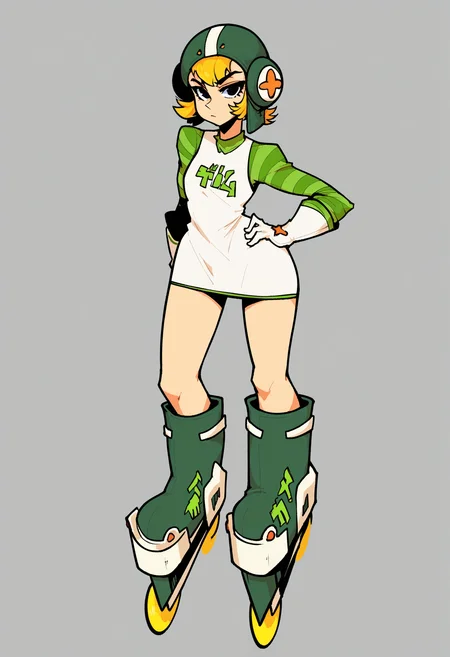 score_9, score_8_up, score_7_up, score_6_up, score_5_up, score_4_up, BREAK
1girl, solo, gum_jsr, helmet, short dress, roller skates, blonde hair, inline skates, roller skates, dress, short hair, striped, striped sleeves, white gloves, expressionless, simple background, looking at viewer, hand on own hip, pointing at viewer, 
<lora:gum_jsr:1>  <lora:muds-000007:0.8>