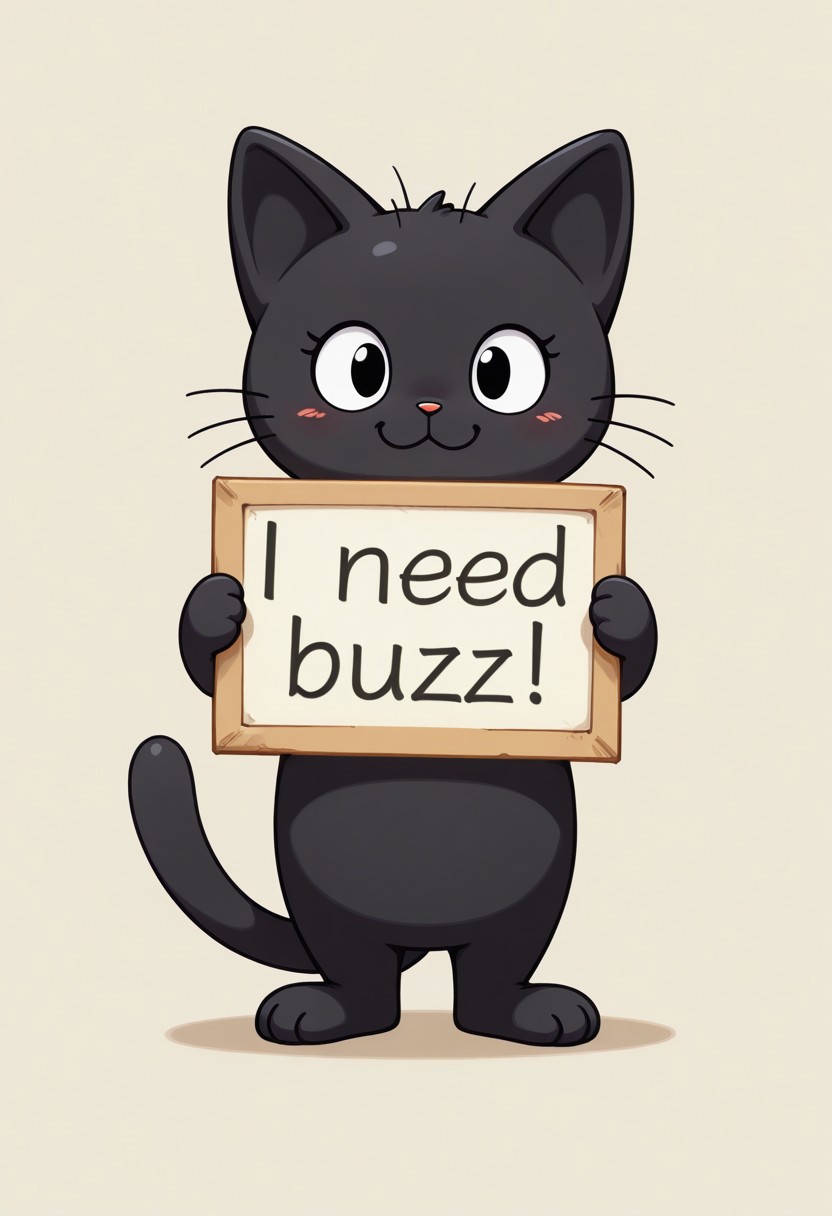 Cute little black kitty , need_buzz, holding sign