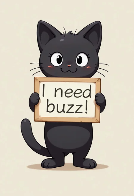 Cute little black kitty , need_buzz, holding sign