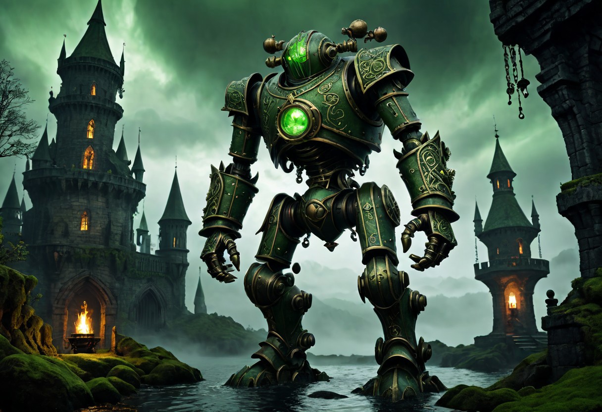 giant bipedal robot dirty pale green and dark green, bronze paisley robot. lacy robot metal kettle head. outside of a steampunk keep. large detailed torso. dark image. one forty foot tall ancient robot with great arms and two heavy spring legs. dark foggy night background. $dark foggy night image only. dark photo realistic image. steampunk details. cogs, chains and pipes incorporated in the fantasy buildings. magic wizards tower in background. Dark swamp, moss, castle ruins, wizards tower. stormy dark night.  stormy sky.
