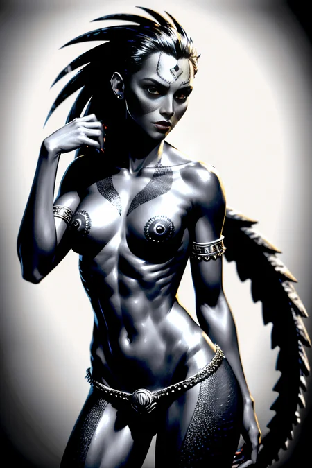 (Realistic:1.5) feathers navel armlet what portrait skull portrait monochrome dark-skinned female black eyes fire dragon fish horror (theme)  <lora:EdobFireAlienSoul_v1.0:0.8>