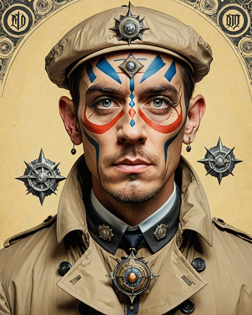 character art by Thomas Nast, midweight (Male Beholder:1.1) , very Dainty, wearing Trench coat from the 1400's, Political cartoons, caricature, influential illustrator, portrait art by Matt Fraction <lora:shaman2:1> adrr-shmn, tattoo, colored skin, jewelry, facepaint, badge, full color, magnificent, striking