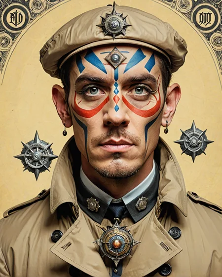 character art by Thomas Nast, midweight (Male Beholder:1.1) , very Dainty, wearing Trench coat from the 1400's, Political cartoons, caricature, influential illustrator, portrait art by Matt Fraction <lora:shaman2:1> adrr-shmn, tattoo, colored skin, jewelry, facepaint, badge, full color, magnificent, striking