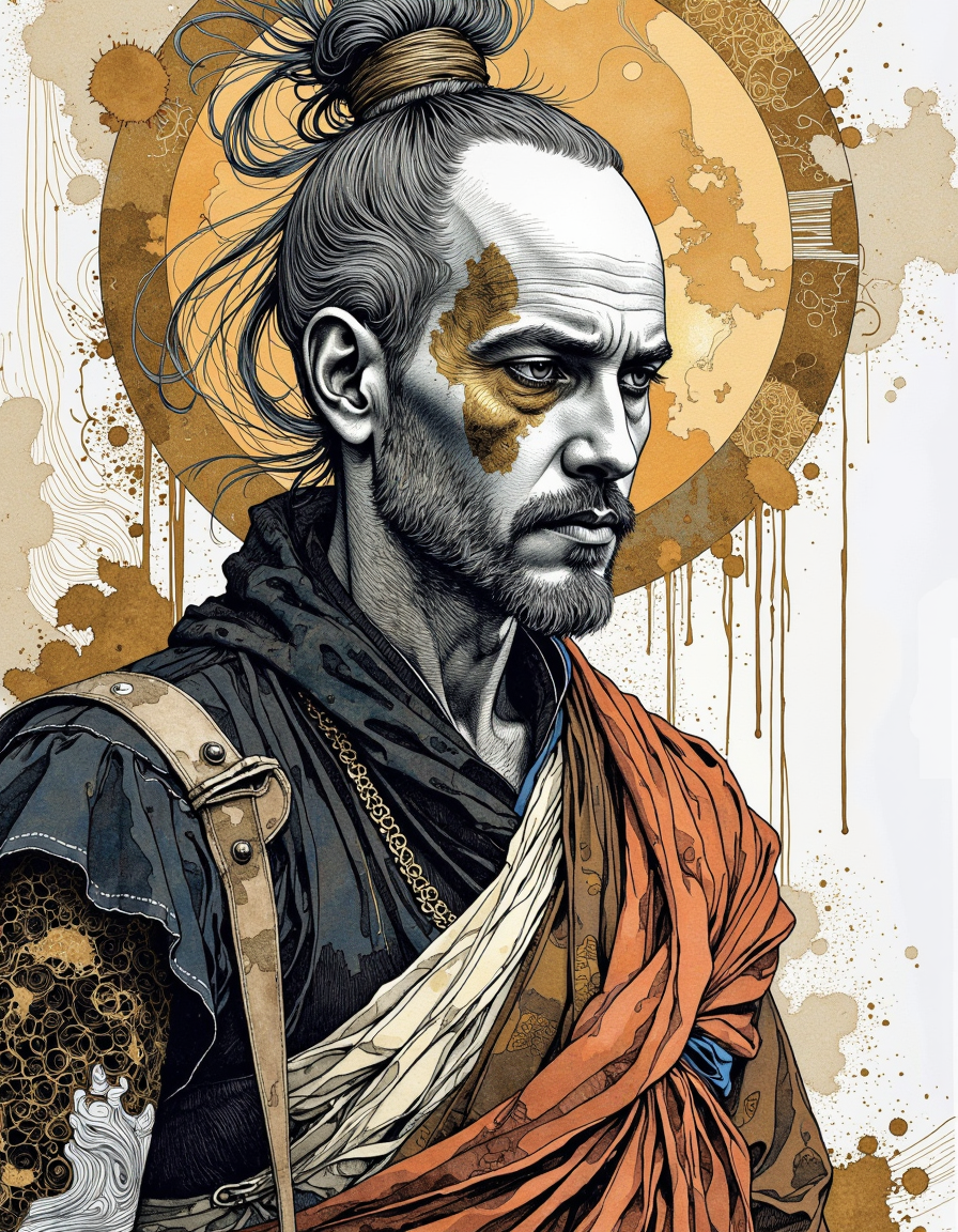 This is a digital artwork created in a mixed media style, blending elements of watercolor and ink.
An elaborate portrait of a monk, desire to achieve enlightenment, cyberpunk, detailed, realistic. <lora:Illustration_Style_IV-3:0.85> <lora:Erotic_Comic:0.65>