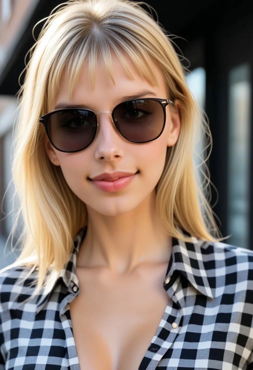 Nice photoshot from 28yo skinny beauty Y4SM1N3, big boobs, long blonde hair, elegant hairstyle, perfect proportions, shy smile, wearing a black and white flannel shirt, cleavage, sharp focus