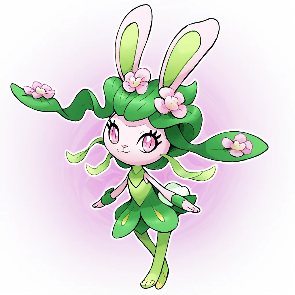 fakemon, pokemon (creature), no humans, full body,
grass type, fairy type, mid stage,
bunny, anthro, bunny ears, short tail, cute, green fur, pink fur, white fur, pink eyes, pink flowers, yellow seeds, yellow paw pads,
flat colors, white background