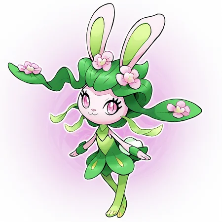 fakemon, pokemon (creature), no humans, full body,
grass type, fairy type, mid stage,
bunny, anthro, bunny ears, short tail, cute, green fur, pink fur, white fur, pink eyes, pink flowers, yellow seeds, yellow paw pads,
flat colors, white background