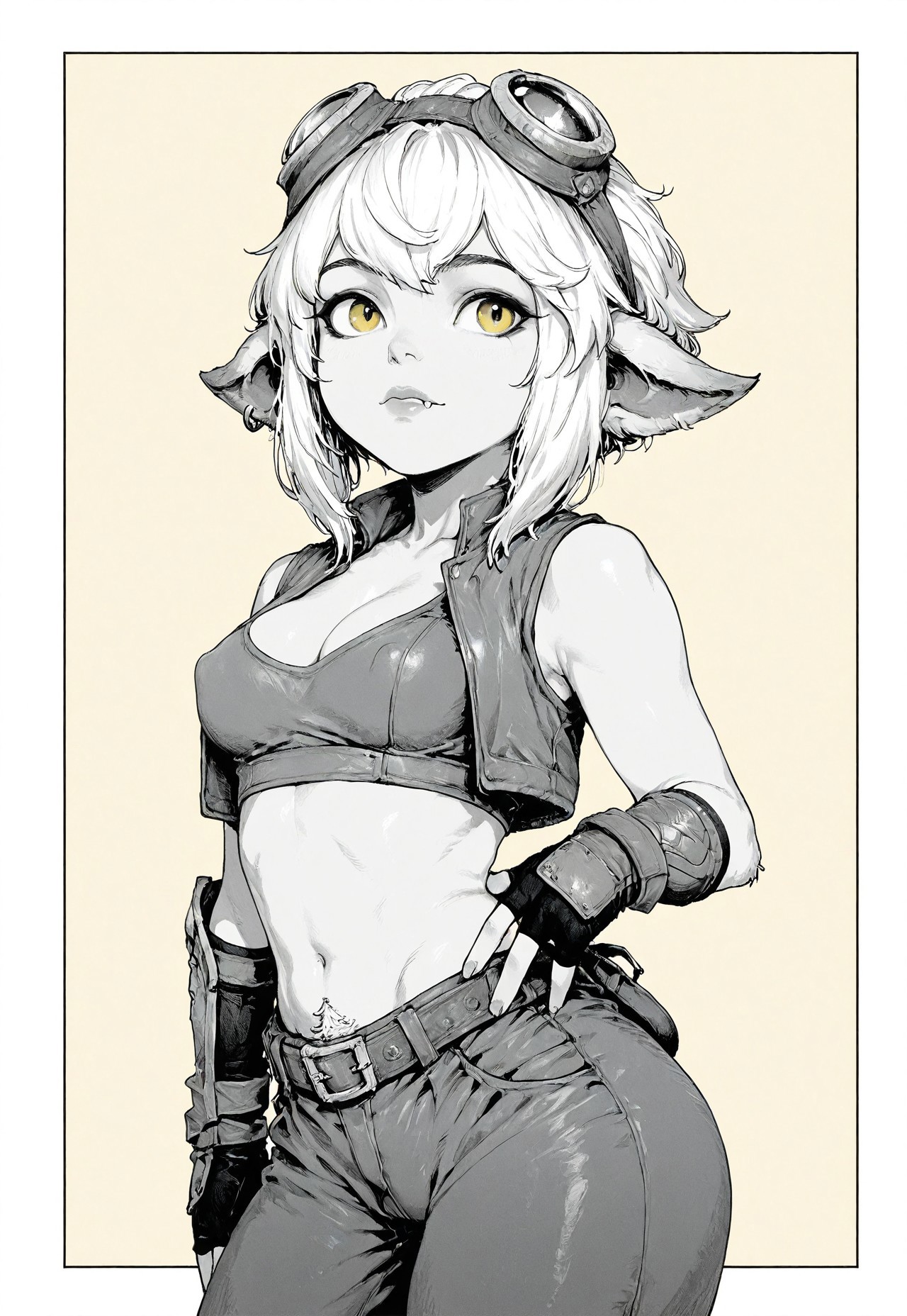 safe_pos, masterpiece, best quality, 32k, high resolution, absurdres, HD32k, masterpiece, extremely detailed, 1girl，solo, tristana_lol, furry, yordle, white hair, blue fur, fang, colored skin, pointy ears, earring, yellow eyes, crop top, bracers, baggy pants, goggles on head, fingerless gloves,perfectly composed, clear, highres,((2D)),cleavage,simple background, artist:moriimee, 748cmstyle,simple background, realistic, halftone, high contrast,border,nude,naked,big nipples,hip bones,pubes,small breasts,shortstack,petite body