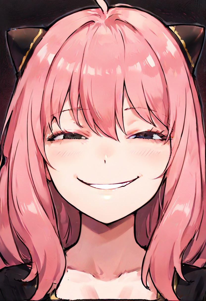 zzAnya, portrait, Comical face,smile,black eyes, smug, smirk, hair between eyes, pink hair, long hair, hair ornament, hairpods, masterpiece, best quality, very aesthetic, absurdres, newest, sharp focus, best quality, realistic, heavy lines, black outline,vibrant colors,
