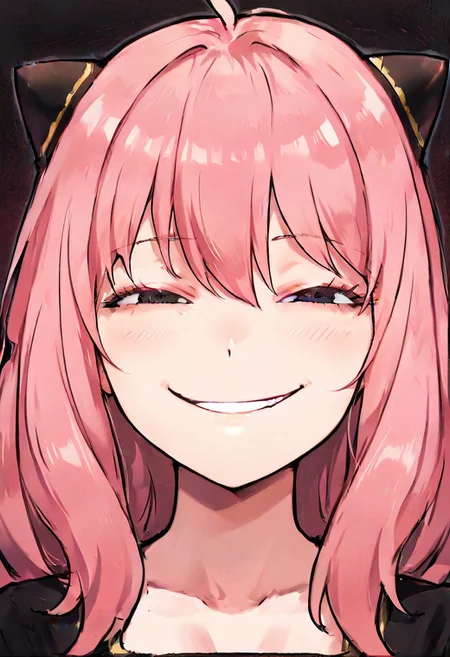 zzAnya, portrait, Comical face,smile,black eyes, smug, smirk, hair between eyes, pink hair, long hair, hair ornament, hairpods, masterpiece, best quality, very aesthetic, absurdres, newest, sharp focus, best quality, realistic, heavy lines, black outline,vibrant colors,