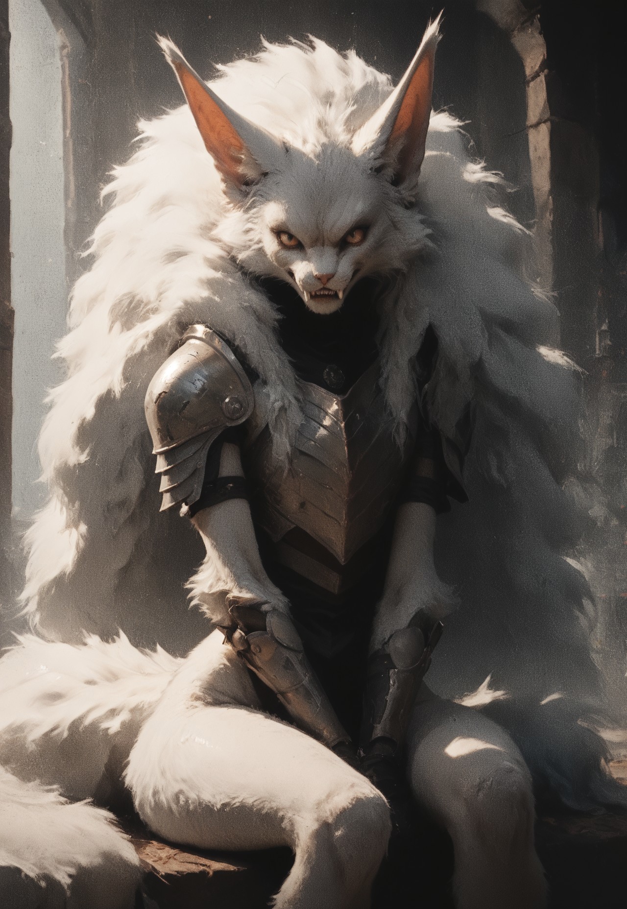 score_9, score_8_up, score_7_up, 
solo, 1girl, anthro, Targath, slim, armor, bushy tail, fluffy mane, grin, sitting, wide hips
