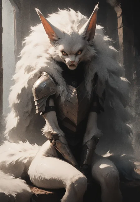 score_9, score_8_up, score_7_up, 
solo, 1girl, anthro, Targath, slim, armor, bushy tail, fluffy mane, grin, sitting, wide hips