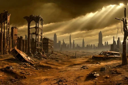 No humans, dark fantasy sci-fi horror post-apocalyptic landscape, super hyperrealistic in 8K in ultra HD,desolate urban ruins, wastelands