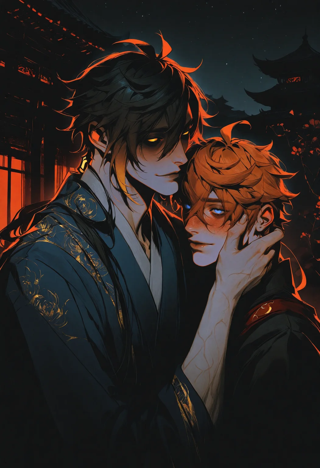 masterpiece,best quality,amazing quality,
east_asian_architecture,outdoors,garden,looking_at_another,height_difference,night,(darkness:1.3),night_sky,starry_sky,dark background,
2boys,overdesigned,
1boy,freckles,orange hair,hair between eyes,short hair,Tartaglia,blue hanfu,floral_print,confused,blush,
1boy,muscular,adult,zhongli_\(genshin_impact\),hands on another's cheek,chinese_clothes,kimono,shaded_face,smirk,creepy,
<lora:Dark_goth:1>,dark goth,color theme,portrait,