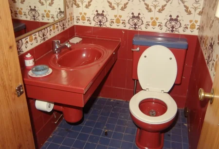 old color photo, a tiny and gaudy walruses of the American revolution themed bathroom from 1975, the commode is red with a white seat and a blue lid, the sink is broken and leaking, analog, faded