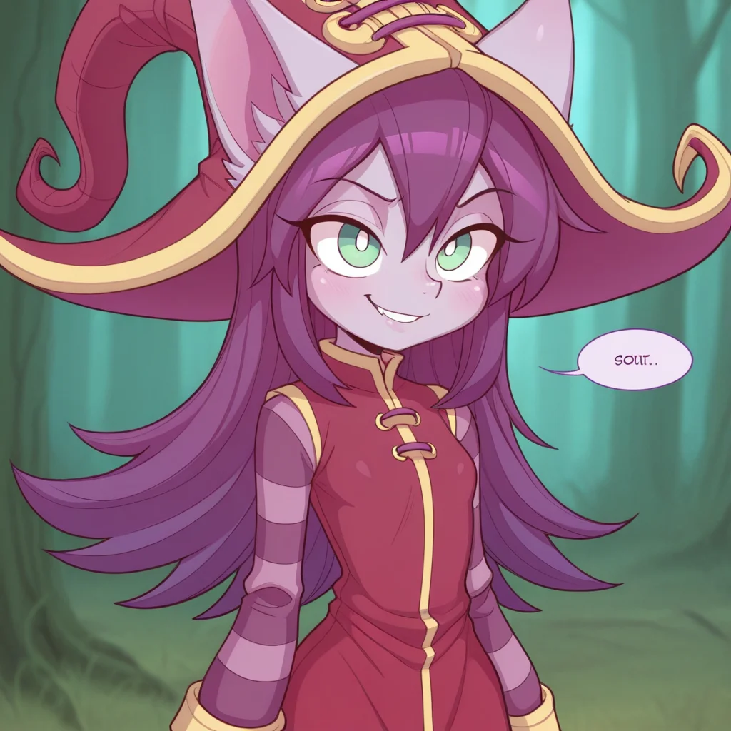 masterpiece,best quality,amazing quality, (1girl, solo), strongbanastyle, Banalulu, yordle, purple hair, colored skin, purple skin, animal ears, witch hat, red dress, purple striped long sleeves, green eyes,
petite, slim, cute,
smirk,
<lora:Strong_Bana_Style_and_Character_Pack:1>