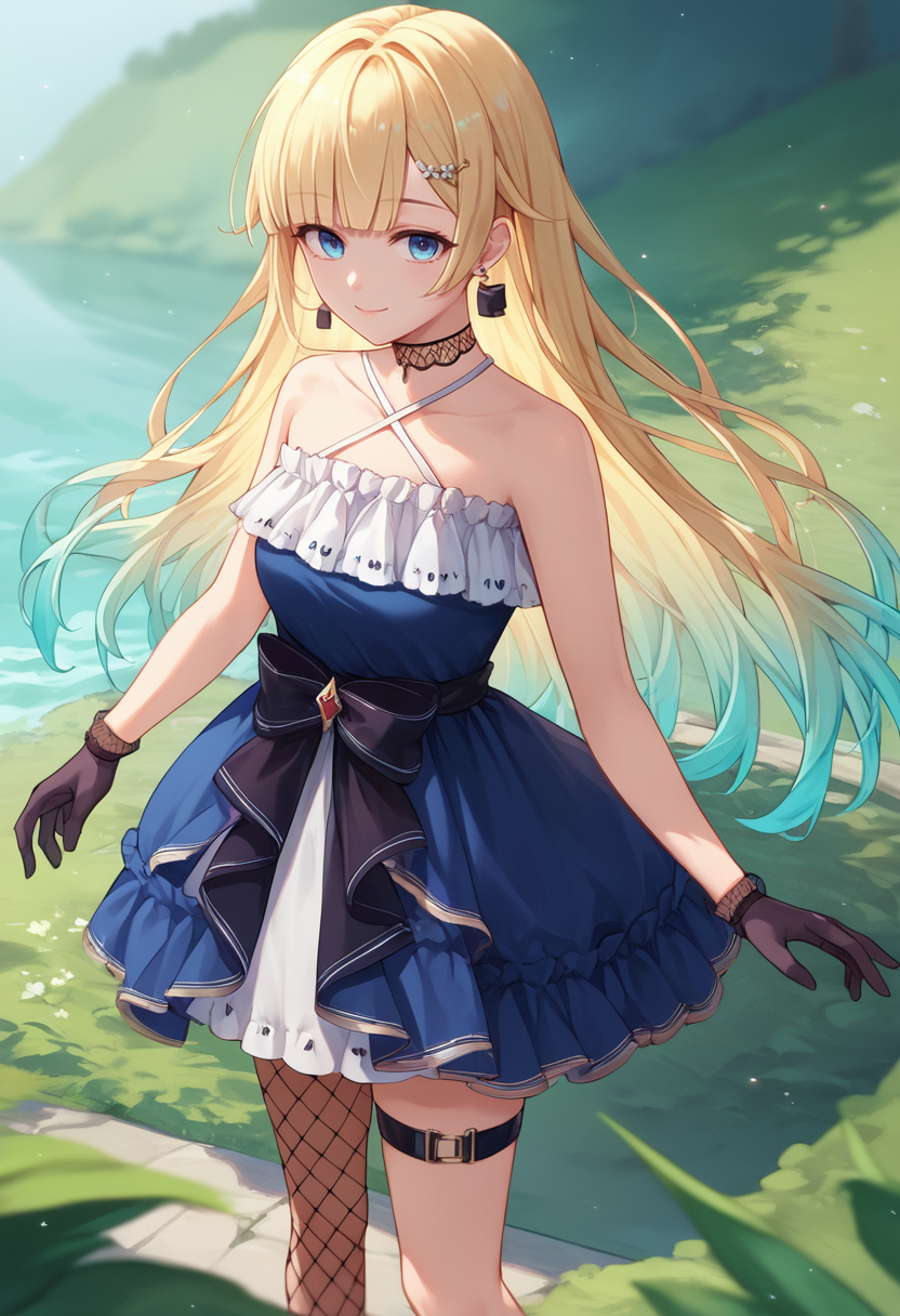 score_9, score_8_up, score_7_up, source_anime, solo, 1girl, aizawa1st, smile, looking at viewer, standing, long hair, blunt bangs, hairclip, hair flower, frills, blue dress, halter dress, frilled dress, sleeveless dress, criss-cross halter, black bow, dress bow, black gloves, fishnet thighhighs, single thighhigh, thigh strap, jewelry, earrings, black choker, lace choker, bare shoulders, collarbone, outdoors <lora:vspo_emaaizawa_ponyXL:1>