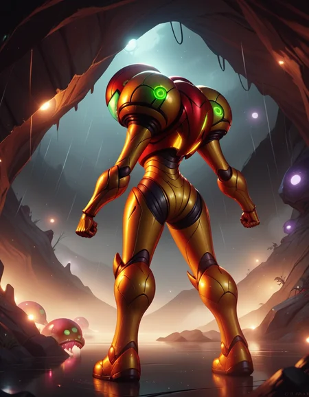 score_9, score_8_up, score_7_up,score_6_up, score_5_up, score_4_up ,1girl, solo, 
SamusDGarmor,
powersuit,   glowing,
helmet, 
 science fiction, rain, metroid \(creature\), galaxy, cave, night, dim lighting, 
clenched hands, 
eyes,
fog, 
from behind, from below, looking back, 
 <lora:Samus DALL E 3  PonyXL-000003:1>
