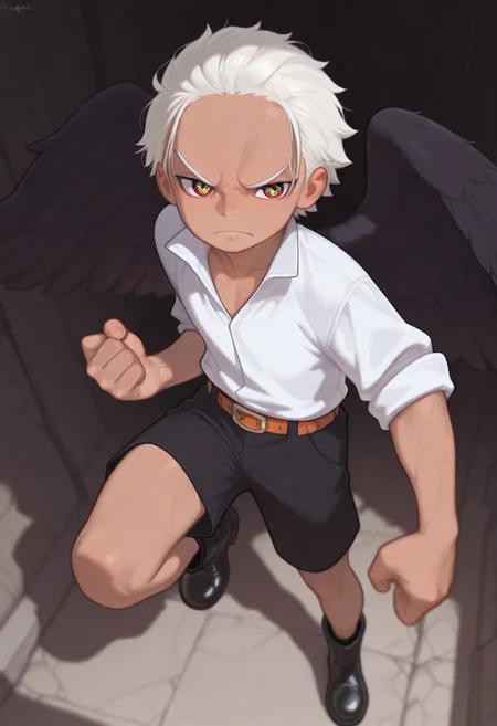 masterpiece, absurdres, high quality, perfect anatomy, 1boy, solo, cute boy, male focus, SHawk, White Hair, Orange Eyes, ((Star Shaped Pupils)), Tan Skin, Black Wings, White Shirt, Sleeves Rolled Up, Black Shorts, Belt, Black Boots, scowl, cinematic, intricately detailed illustration, depth of field, masterpiece, best quality, amazing quality, very aesthetic, absurdres, newest, very awa,  shadow, dynamic angle, casual cosplay, dynamic pose, Lustedcomplex
