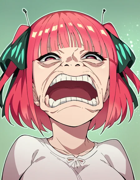 score_9, score_8_up, score_7_up, source_anime, <lora:nnakano-s2-ponyxl-lora-nochekaiser:1>, short hair, bangs, hair ornament, hair ribbon, pink hair, blunt bangs, two side up, butterfly hair ornament, large breasts,, <lora:strawhat-huh-face-ponyxl-lora-nochekaiser:1> strawhat huh face, strawhat huh face, open mouth, teeth, , ,