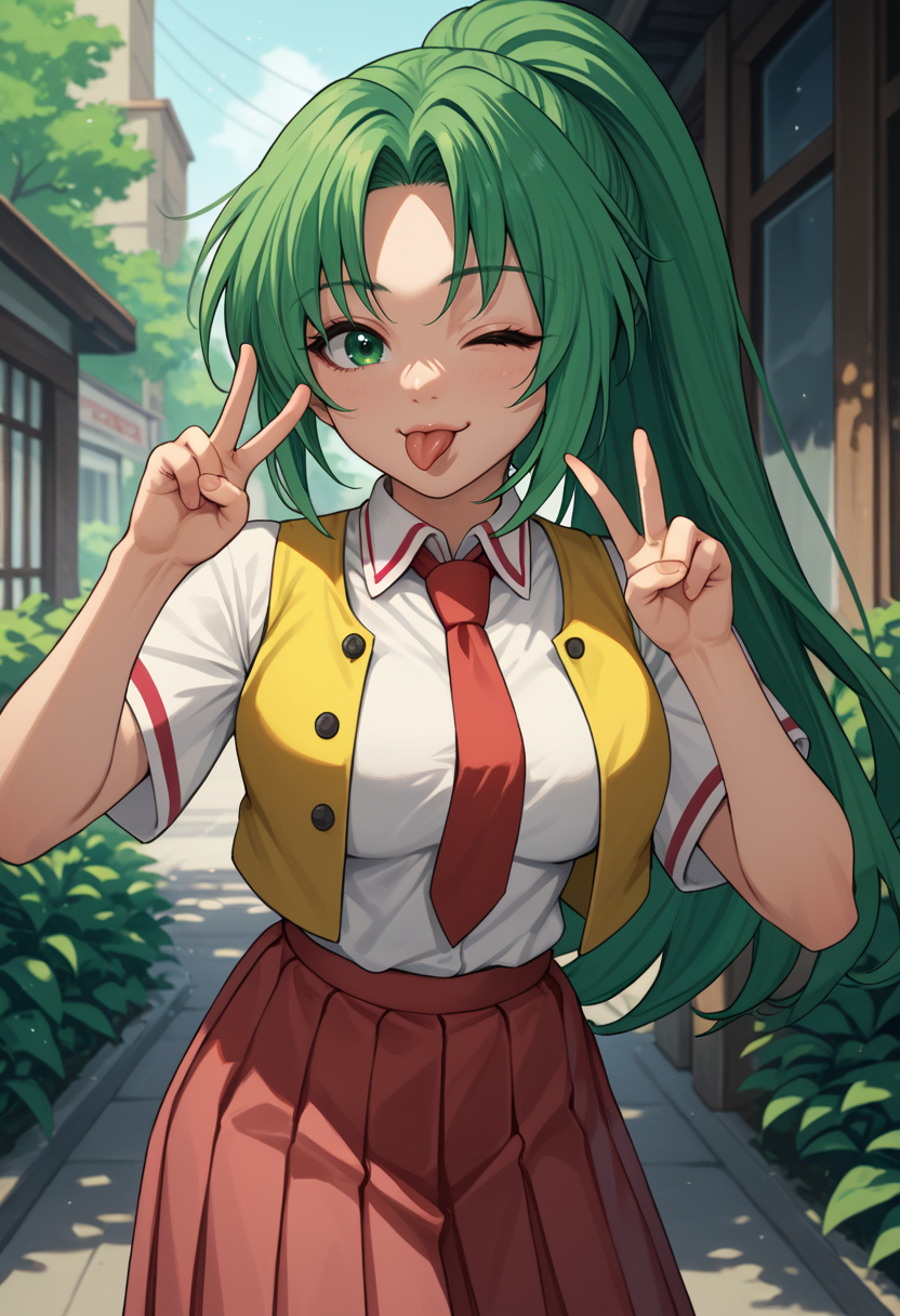 score_9, score_7_up,  1girl, <lora:MionCAME2:1> Mion Sonozaki, green eyes, ponytail, green hair, white shirt, red necktie, yellow vest, red skirt,  double v, looking at viewer, one eye closed, tongue out,