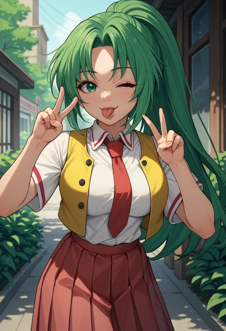score_9, score_7_up, 1girl, <lora:MionCAME2:1> Mion Sonozaki, green eyes, ponytail, green hair, white shirt, red necktie, yellow vest, red skirt, double v, looking at viewer, one eye closed, tongue out,