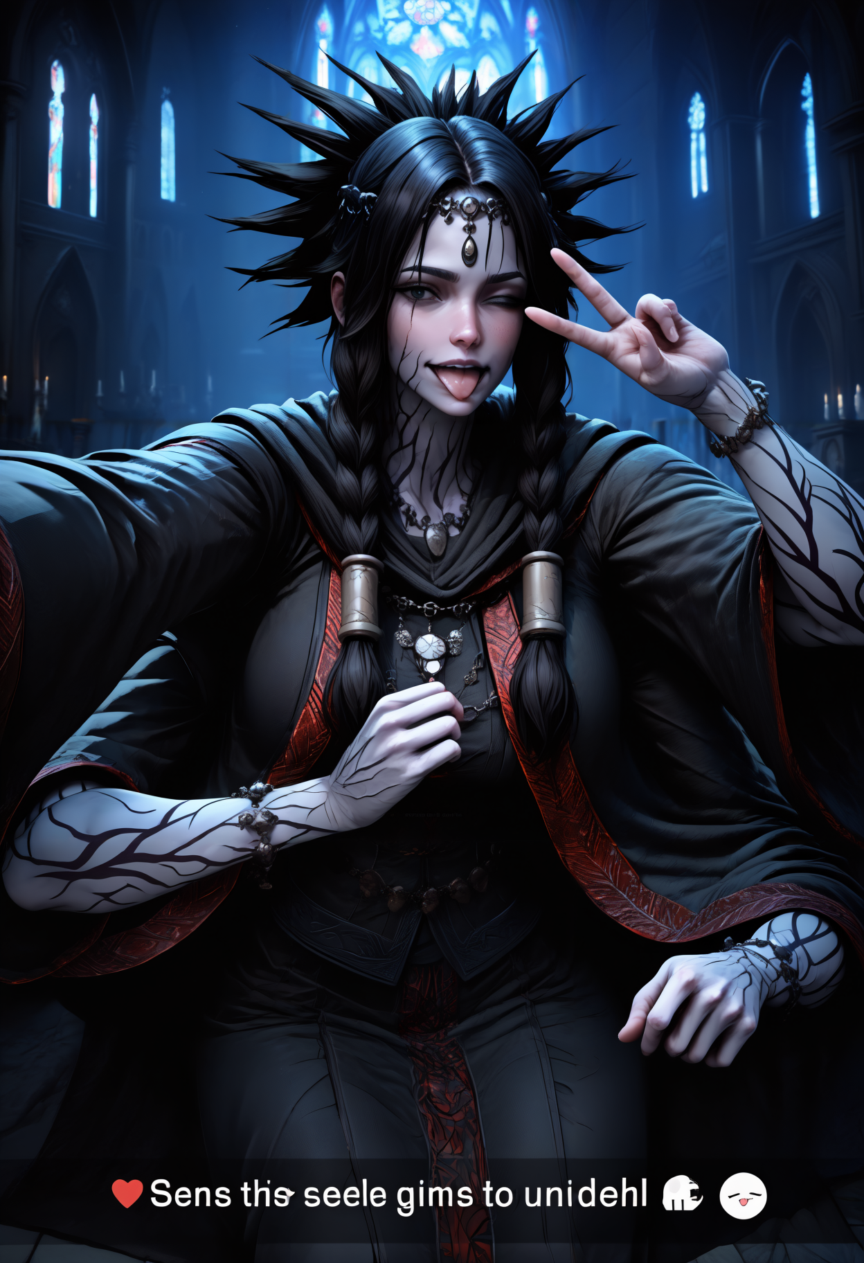 masterpiece, best quality, newest, hdr, dark, night, indoors, church, altar, 1girl, solo, floating,
fi0d1, circlet, necklace, black robe, red trim, wide sleeves, long sleeves, black cloak, bracelet, long hair, black hair, twin braids, spiked hair, hair tubes, black eyes, tattoo, facial tattoo, colored skin, grey skin, extra arms, 
selfie, recording, snapchat, tongue out, one eye closed, v over eye, happy, 
<lora:Fool's Idol:1>
