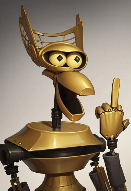 score_9, score_8_up, score_7_up, score_6_up, score_5_up, score_4_up, cr0wtr0b0t, robot, 1boy, solo, upper body, excited, middle finger