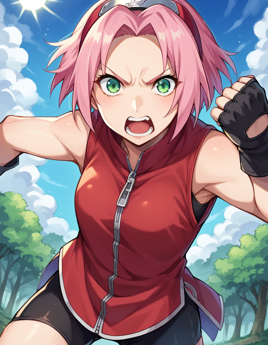 score_9, score_8_up, score_7_up, source_anime,
sakuraharuno, <lora:sakura-haruno-ponyxl-lora-nochekaiser:1>,
sakura haruno, short hair, green eyes, pink hair, parted bangs, hairband, forehead protector, shouting, punching,
gloves, green eyes, sleeveless, black gloves, red shirt, zipper, forehead protector, konohagakure symbol, boots, bike shorts, zipper, toeless footwear,
outdoors, forest, nature, sky, sun, clouds,
looking at viewer, cowboy shot, dutch angle, dynamic pose,
