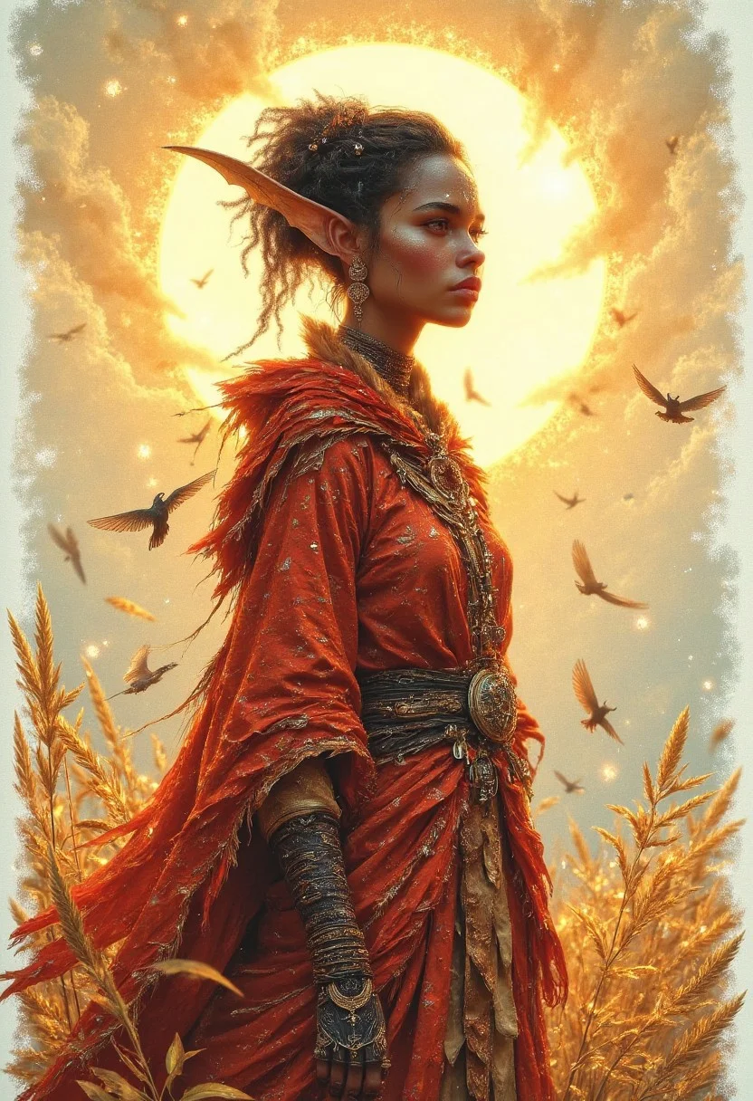 A whimsical illustration of an african tiefling woman wearing formal robes, sun behind, hints of black and red, african tribal elements, reminiscent of Beatrix Potter's watercolour style, with loose brushstrokes and soft, dreamy textures, blended with the whimsy of Eric Carle's collage illustrations and the charm of Quentin Blake's playful linework, in a warm, golden colour palette with subtle shading and gentle, expressive character design