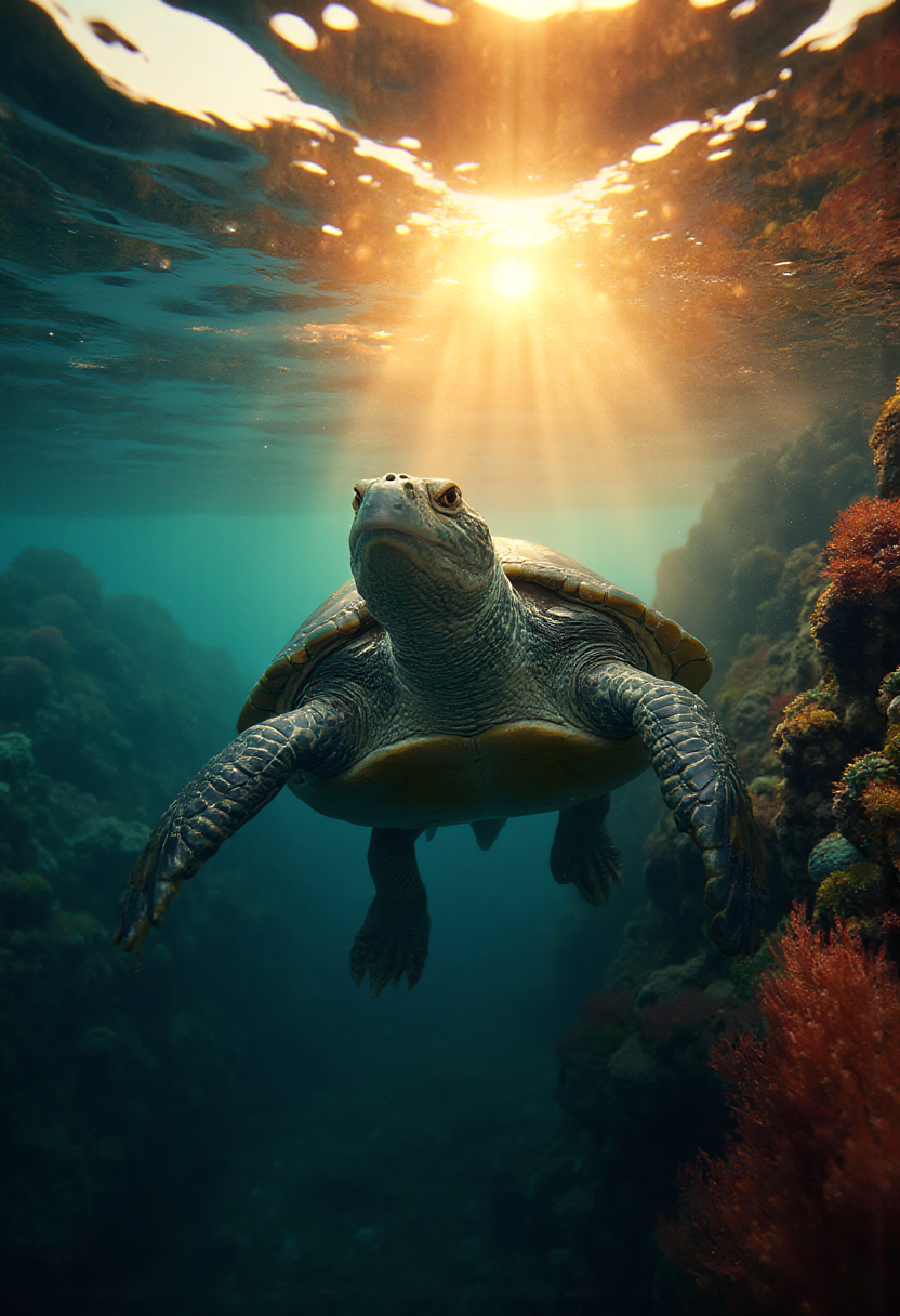 Alligator-sea-turtle hybrid, with a slightly elongated turtle body, carapace and a turtle tail, but with the powerful legs, head, and neck of an alligator. The hybrid swims through the water, its body undulating as it moves. The shot is taken from underneath, looking up at the hybrid as it glides through the sunlit water. The sunset colors dance across the waves, with the sun's rays reflecting off the water from below, casting a warm golden glow over the scene. On the sides and background are a vibrant coral_reef, creating a sense of depth and dimensionality. The water's surface is calm, with only a few ripples disturbing the reflection of the sunset colors. High contrast and dark, bold, thick outlines add to the dramatic effect. <lora:flux/flux_realism_lora>