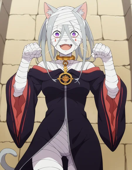 score_9, score_8_up, score_7_up, source_anime, <lora:sirius-romanee-conti-s3-p1-ponyxl-lora-nochekaiser:1>, sirius romanee conti, long hair, purple eyes, white hair, bandages, bandaged head, bandaged neck, bandaged arms, bandaged legs, bandaged hand, bandaged chest, bandaged torso, bandaged wrist, bandaged knees, medium breasts,, wide sleeves, robe, off-shoulder, black robe,, armory, weapons, armor, storage racks, military, smile, <lora:paw-pose-ponyxl-lora-nochekaiser:1>, paw pose, cat ears, cat tail, animal ears, tail, cat girl, open mouth, fang, whiskers,, looking at viewer, solo,, dutch angle, cowboy shot