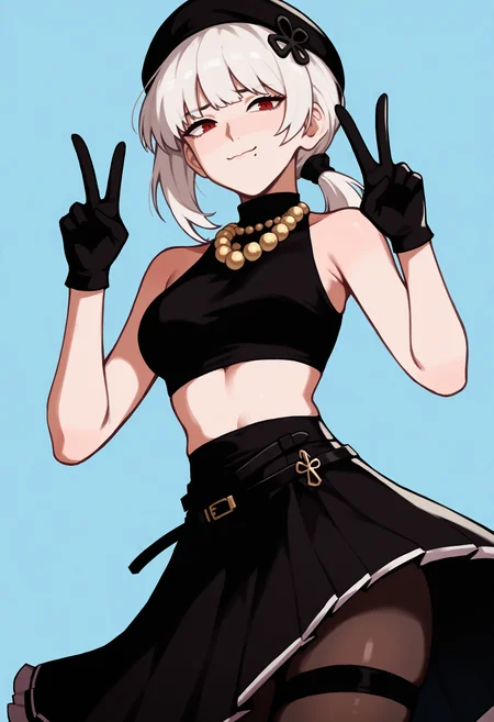 score_9, score_8_up, score_7_up, score_6_up, score_5_up, score_4_up,
BREAK
1girl, sanhua, red eyes, white hair, black beret, short hair, tied hair, low ponytail, mole under mouth, bangs, hair ornament, blush, light smile, shy, closed mouth,
BREAK
solo, black crop top, turtleneck, sleeveless, black skirt, layered skirt, long skirt, skinny, thigh gap, pantyhose, thigh strap, black gloves, peace sign,
BREAK
blue background, simple background, perspective, dynamic pose, dark, <lora:Lunas-Roropull-SDXL-A1:1> <lora:Lunas-Sanhua-Wuthering Waves-SDXL-A3-000004:1>
