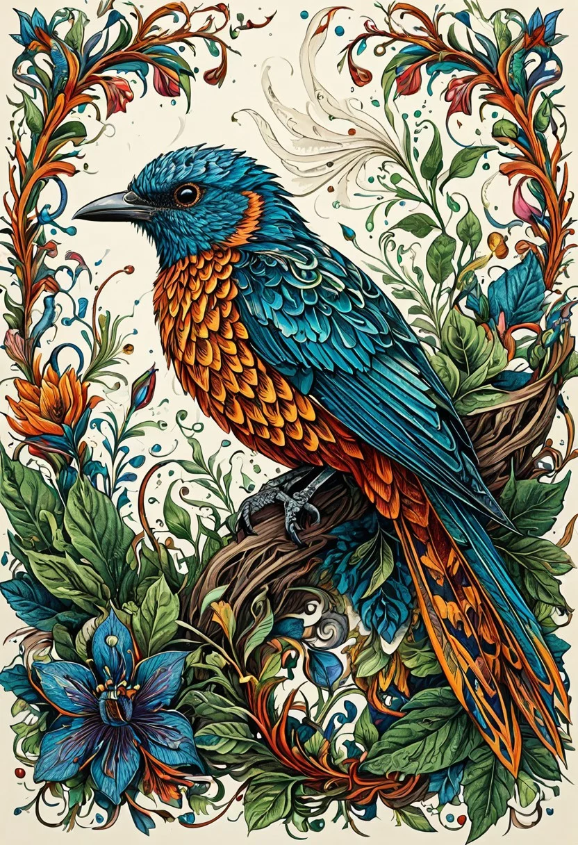 Finely detailed vector illustration, botanical study, bird, ultra realistic quality, interwoven pattern, white background, hyperdetailed, intricately detailed, triadic colors,fantastical,intricate detail,splash screen,complementary colors, fantasy concept art, 8k resolution, masterpiece, ink on old paper, calligraphy,
