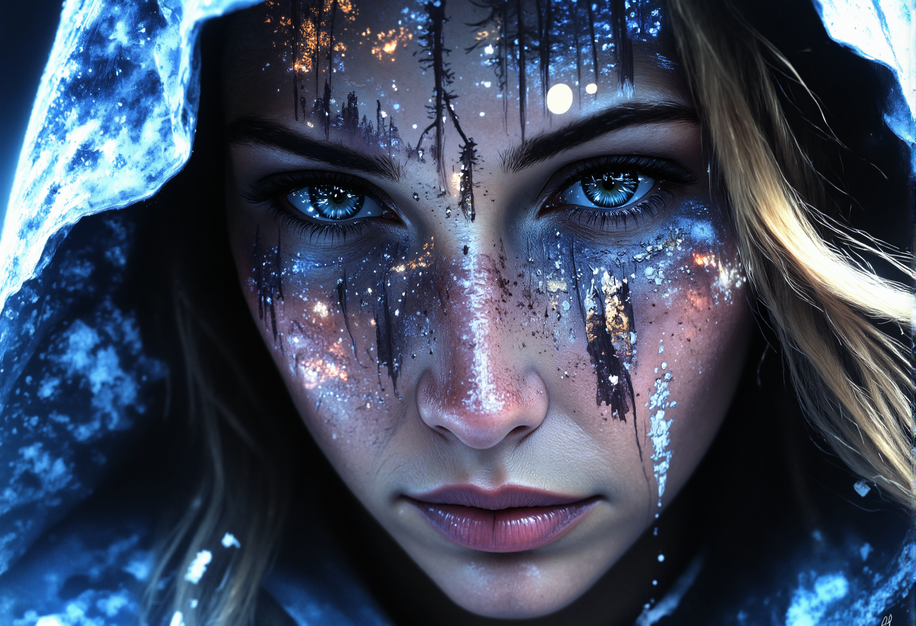 aidmaMJ6.1, darkcore, Jeddblexpsre,double exposure, ethereal. A close-up shot of a breathtaking young womanâs face, where her facial features are softly blended with an ethereal overlay of falling snowflakes. Her piercing blue eyes and delicate skin textures are visible through the translucent silhouette of the forest, creating a dreamy, surreal double exposure effect. The icy crystals on the hood of her light blue medieval cloak merge harmoniously with the natural elements. The soft lighting highlights both the woman and the superimposed scene, while shadows and highlights enhance the depth, giving the composition a balanced, thought-provoking appearance., <lora:FluxDFaeTasticDetails.safetensors:1.0:1.0> <lora:aidmaMJ6.1-FLUX-V0.2.safetensors:1.0:1.0> <lora:Flux DoubleExposure_epoch_1.safetensors:1.0:1.0> <lora:NebulaNexus_v1.safetensors:0.7000000000000001:0.7000000000000001>