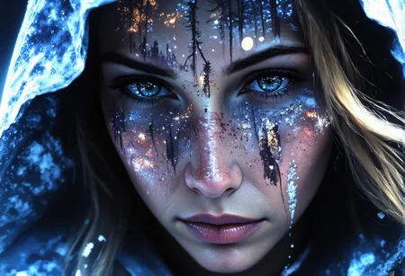 aidmaMJ6.1, darkcore, Jeddblexpsre,double exposure, ethereal. A close-up shot of a breathtaking young womanâs face, where her facial features are softly blended with an ethereal overlay of falling snowflakes. Her piercing blue eyes and delicate skin textures are visible through the translucent silhouette of the forest, creating a dreamy, surreal double exposure effect. The icy crystals on the hood of her light blue medieval cloak merge harmoniously with the natural elements. The soft lighting highlights both the woman and the superimposed scene, while shadows and highlights enhance the depth, giving the composition a balanced, thought-provoking appearance., <lora:FluxDFaeTasticDetails.safetensors:1.0:1.0> <lora:aidmaMJ6.1-FLUX-V0.2.safetensors:1.0:1.0> <lora:Flux DoubleExposure_epoch_1.safetensors:1.0:1.0> <lora:NebulaNexus_v1.safetensors:0.7000000000000001:0.7000000000000001>