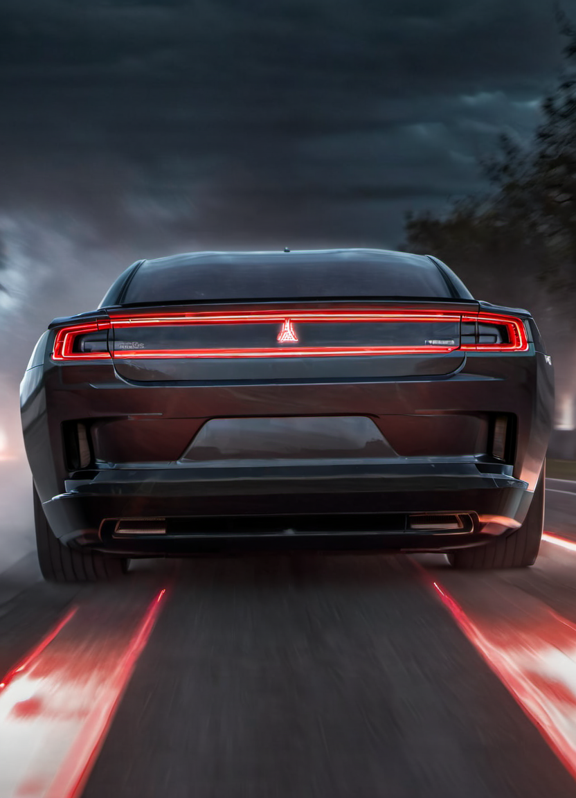 <lora:ChargerConceptSDXL_v1:1> black chargerconcept driving through the night, seen from the behind with the tail lights on, tire smoke, dramatic, red lighting, driver, lightning and storm,
realistic, cinematic, highly detailed,