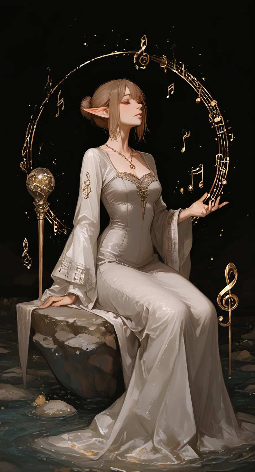 masterpiece, best quality, good quality, very awa, very aesthetic, absurdres, newest, 1girl, solo, breasts, short_hair, brown_hair, long_sleeves, dress, jewelry, sitting, pointy_ears, wide_sleeves, white_dress, necklace, hair_bun, lips, single_hair_bun, elf, musical_note, floating, rock, nose, realistic, eighth_note, grey_dress, floating_object, beamed_eighth_notes, treble_clef, quarter_note, beamed_sixteenth_notes, staff_\(music\), sitting_on_rock, floating_rock <lora:ponyv6_noobV1_2_adamW-000017:0.7> <lora:748cmSDXL:0.8> <lora:GBF_Illustrious:0.4>